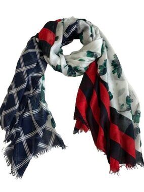 Casual Multicolored Geometric Squares/Strips/Leaves Print Wraparound Scarf/Wrap